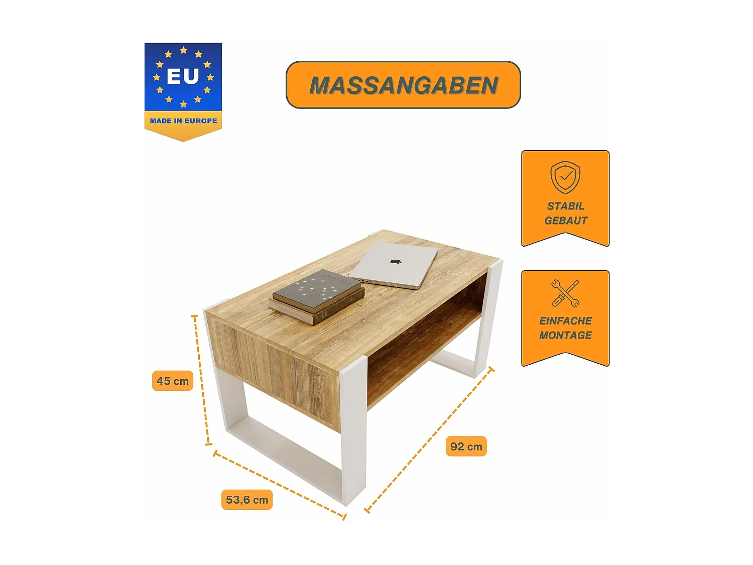 CraftPAK moderner & stabiler  Couchtisch für Wohnzimmer aus Holzwerkstoff 45x53,6x92cm