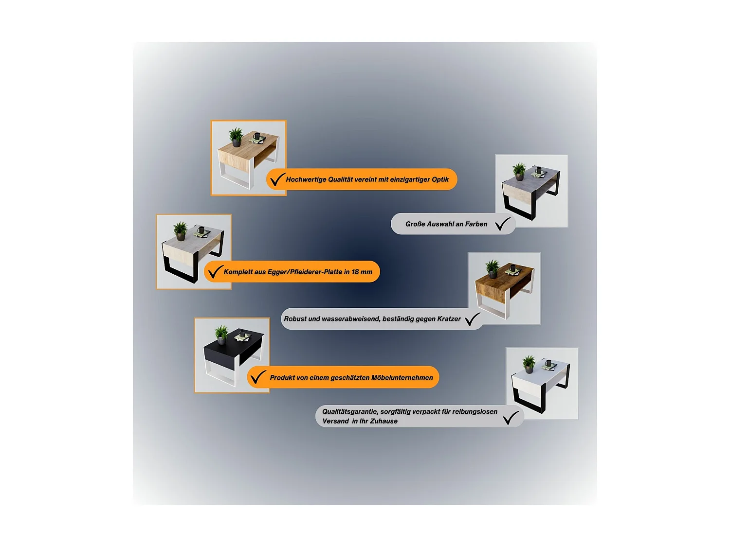 CraftPAK moderner & stabiler  Couchtisch für Wohnzimmer aus Holzwerkstoff 45x53,6x92cm