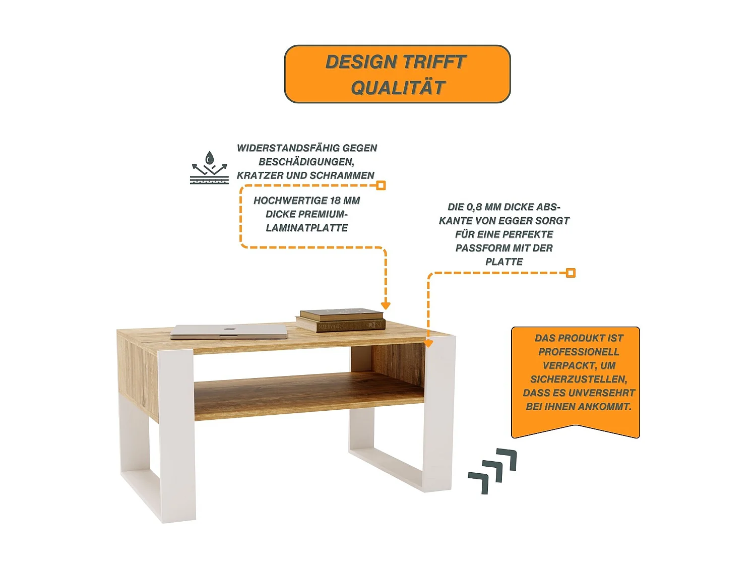 CraftPAK moderner & stabiler  Couchtisch für Wohnzimmer aus Holzwerkstoff 45x53,6x92cm