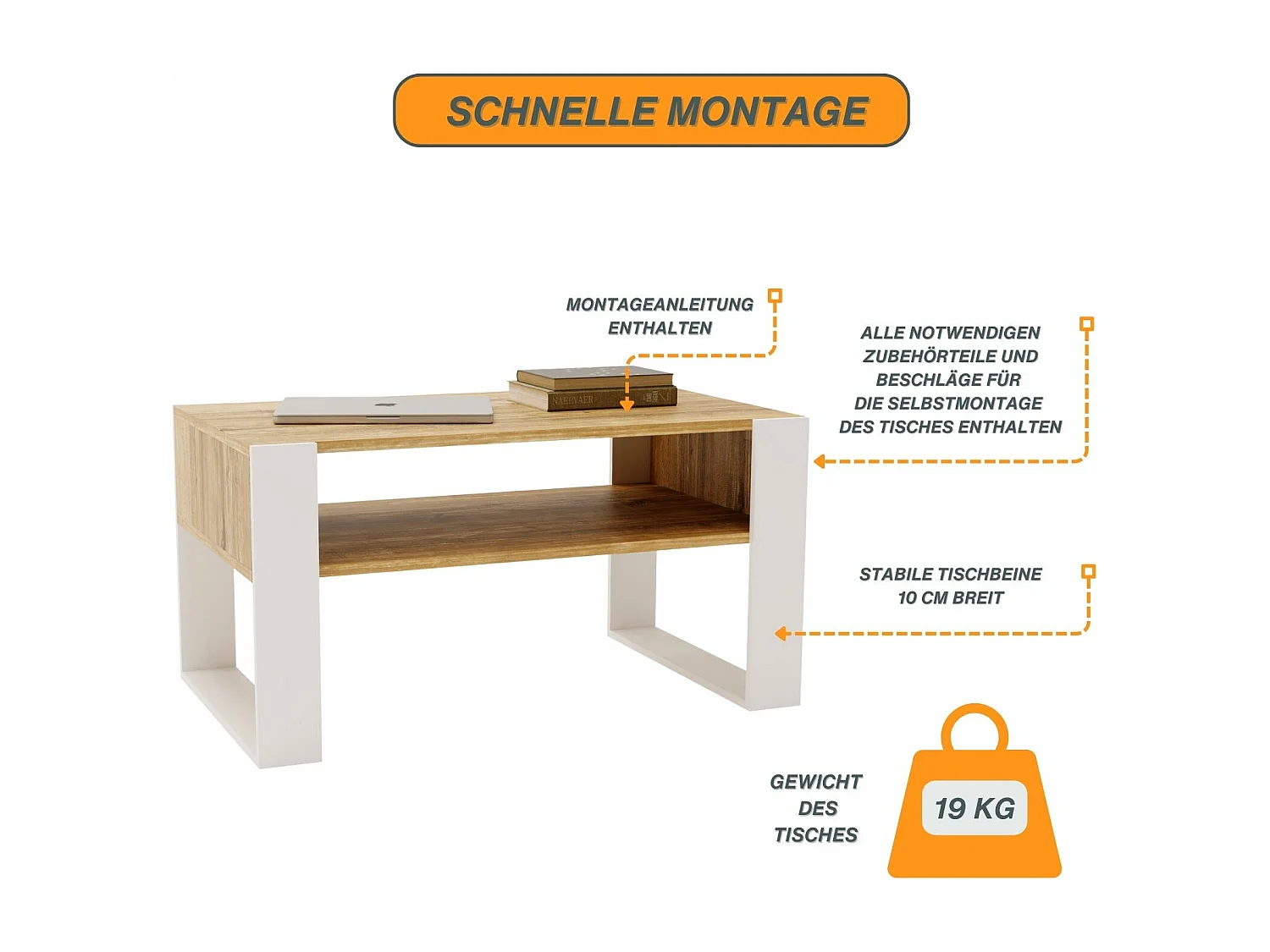 CraftPAK moderner & stabiler  Couchtisch für Wohnzimmer aus Holzwerkstoff 45x53,6x92cm