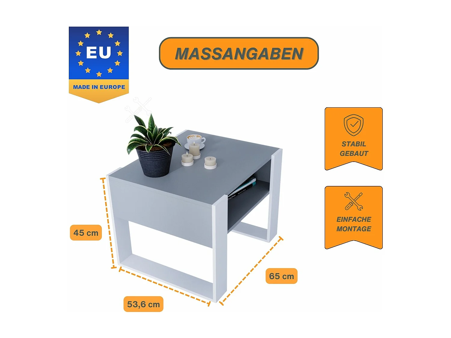 CraftPAK moderner & stabiler Couchtisch für Wohnzimmer aus Holzwerkstoff 45x53,6x65cm