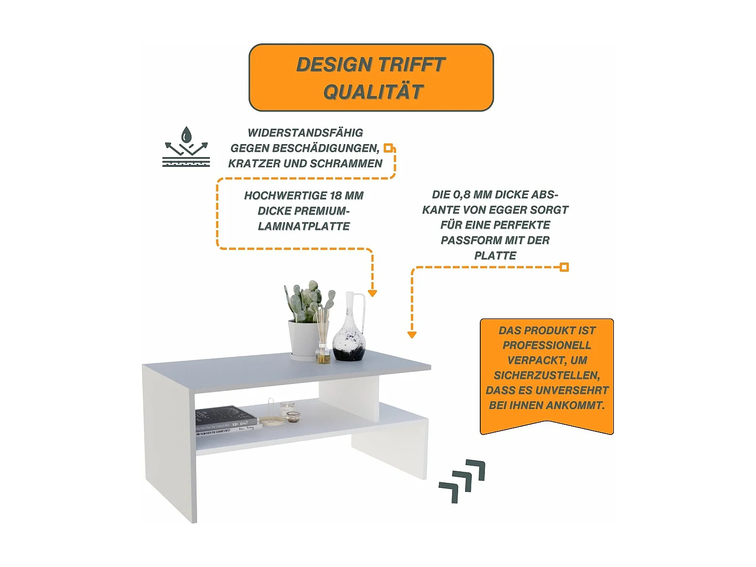 CraftPAK moderner & stabiler Couchtisch für Wohnzimmer aus Holzwerkstoff