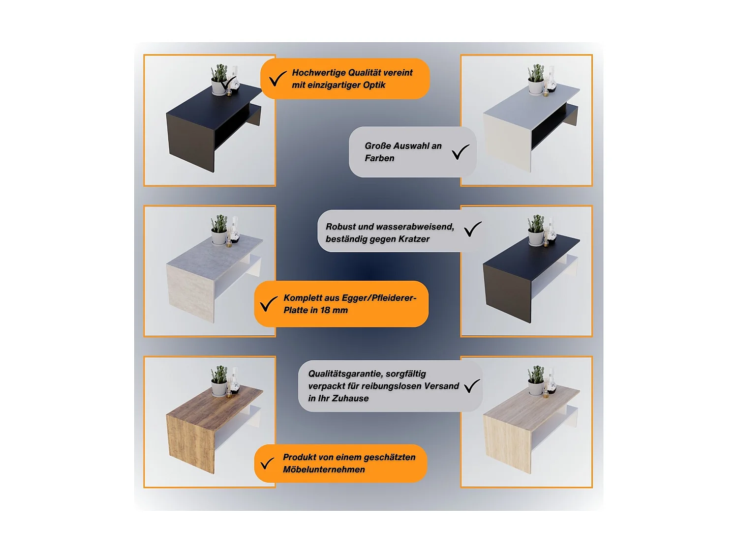 CraftPAK moderner & stabiler Couchtisch für Wohnzimmer aus Holzwerkstoff