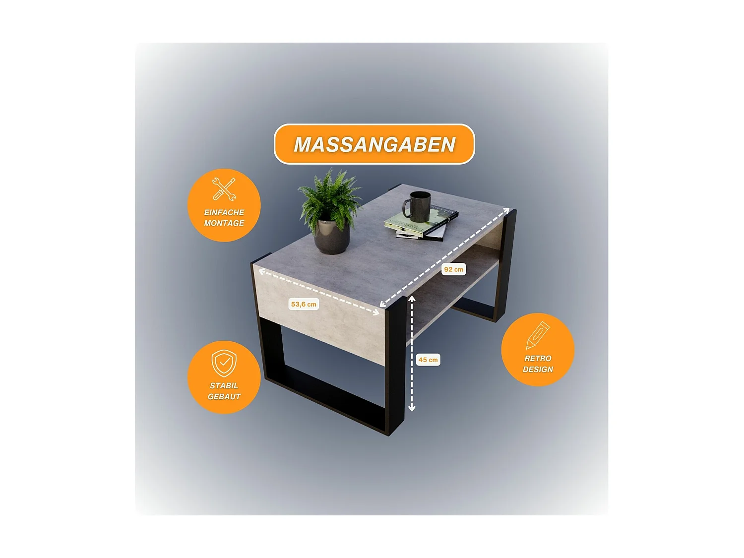 CraftPAK moderner & stabiler  Couchtisch für Wohnzimmer aus Holzwerkstoff 45x53,6x92cm