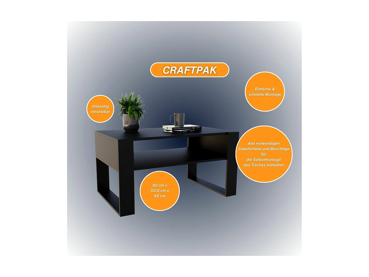 CraftPAK moderner & stabiler  Couchtisch für Wohnzimmer aus Holzwerkstoff 45x53,6x92cm