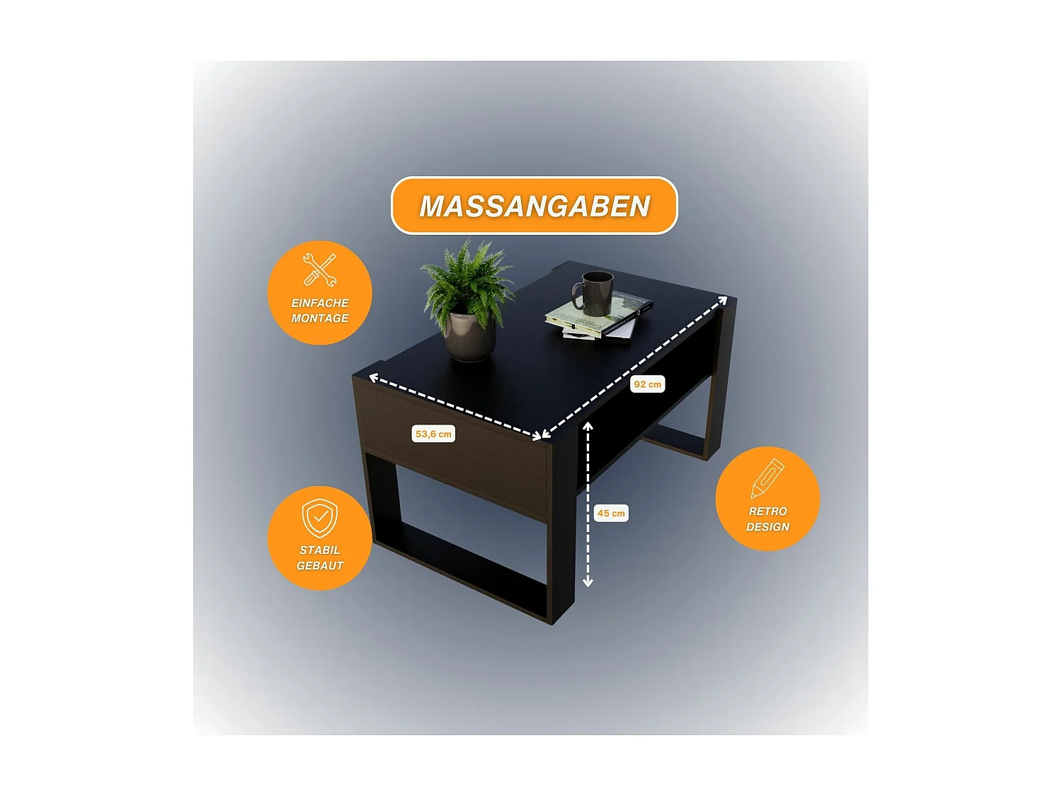 CraftPAK moderner & stabiler  Couchtisch für Wohnzimmer aus Holzwerkstoff 45x53,6x92cm