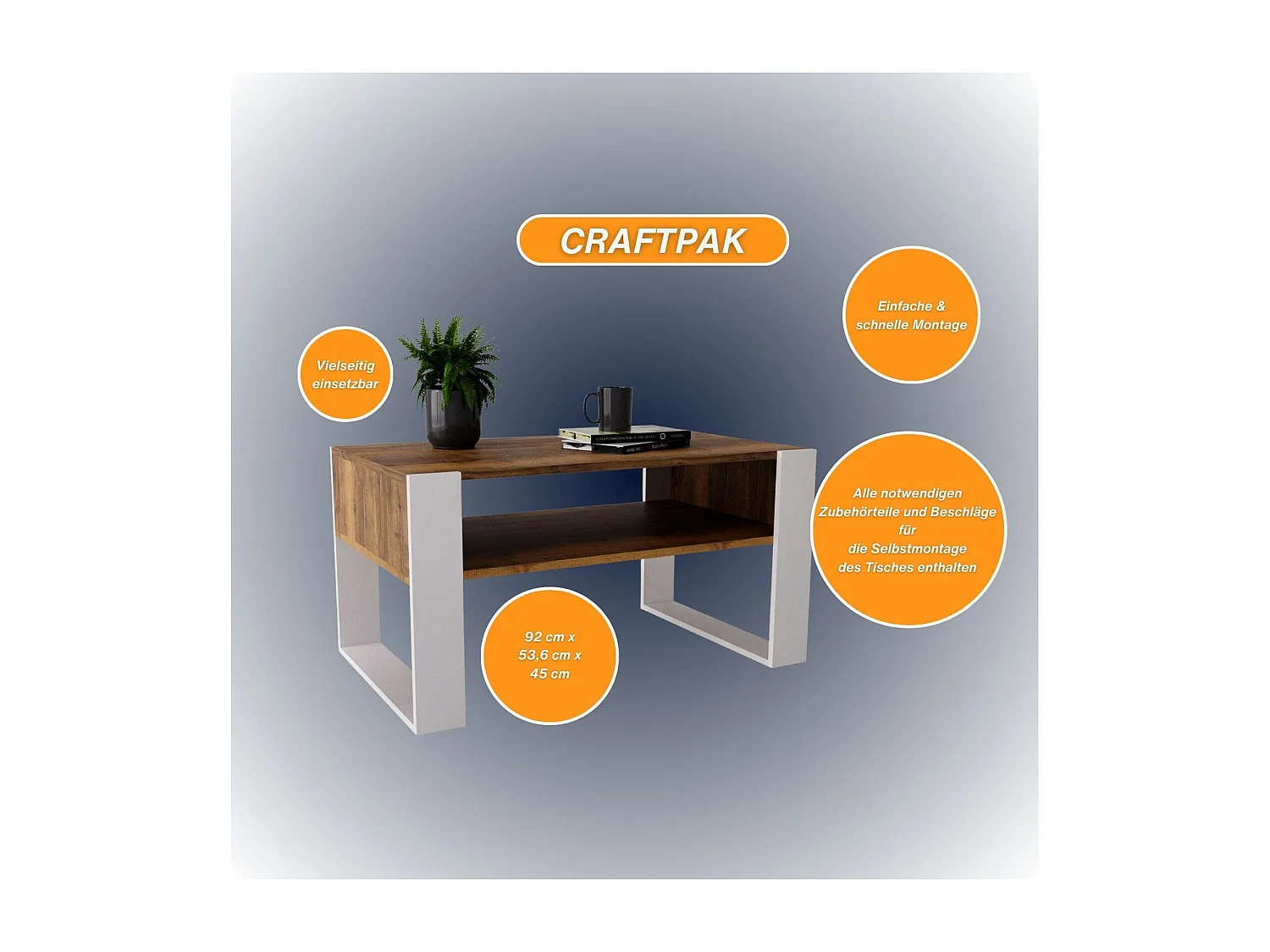 CraftPAK moderner & stabiler  Couchtisch für Wohnzimmer aus Holzwerkstoff 45x53,6x92cm
