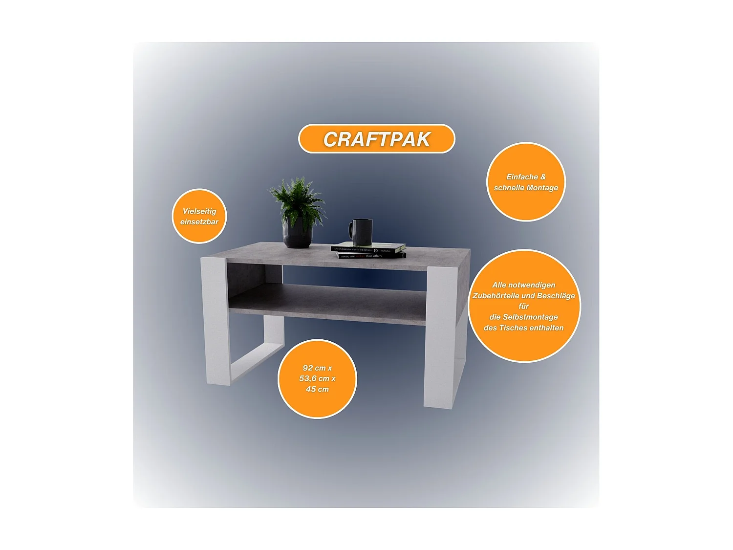 CraftPAK moderner & stabiler  Couchtisch für Wohnzimmer aus Holzwerkstoff 45x53,6x92cm