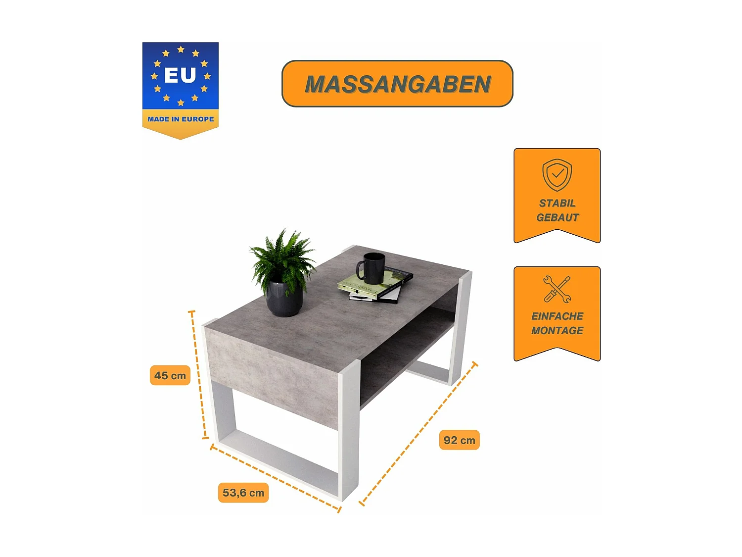 CraftPAK moderner & stabiler  Couchtisch für Wohnzimmer aus Holzwerkstoff 45x53,6x92cm