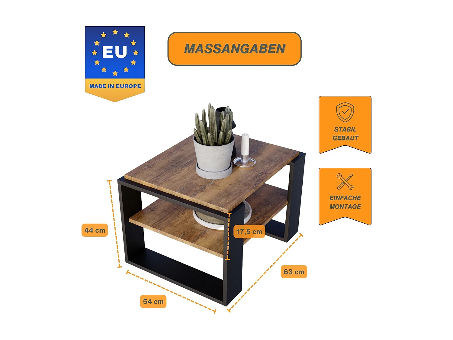 CraftPAK moderner & stabiler Couchtisch für Wohnzimmer aus Holzwerkstoff 44x54x63cm