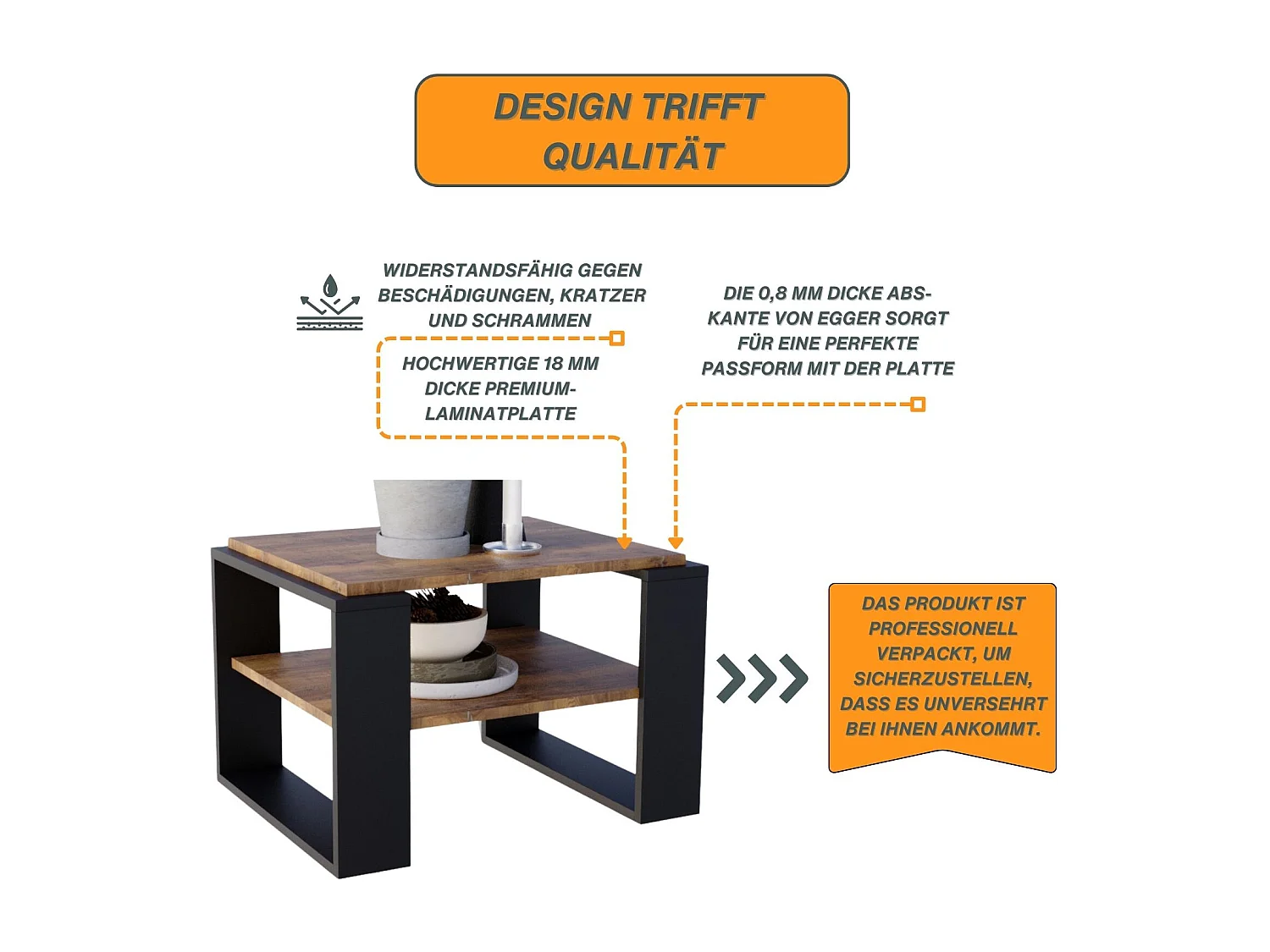 CraftPAK moderner & stabiler Couchtisch für Wohnzimmer aus Holzwerkstoff 44x54x63cm