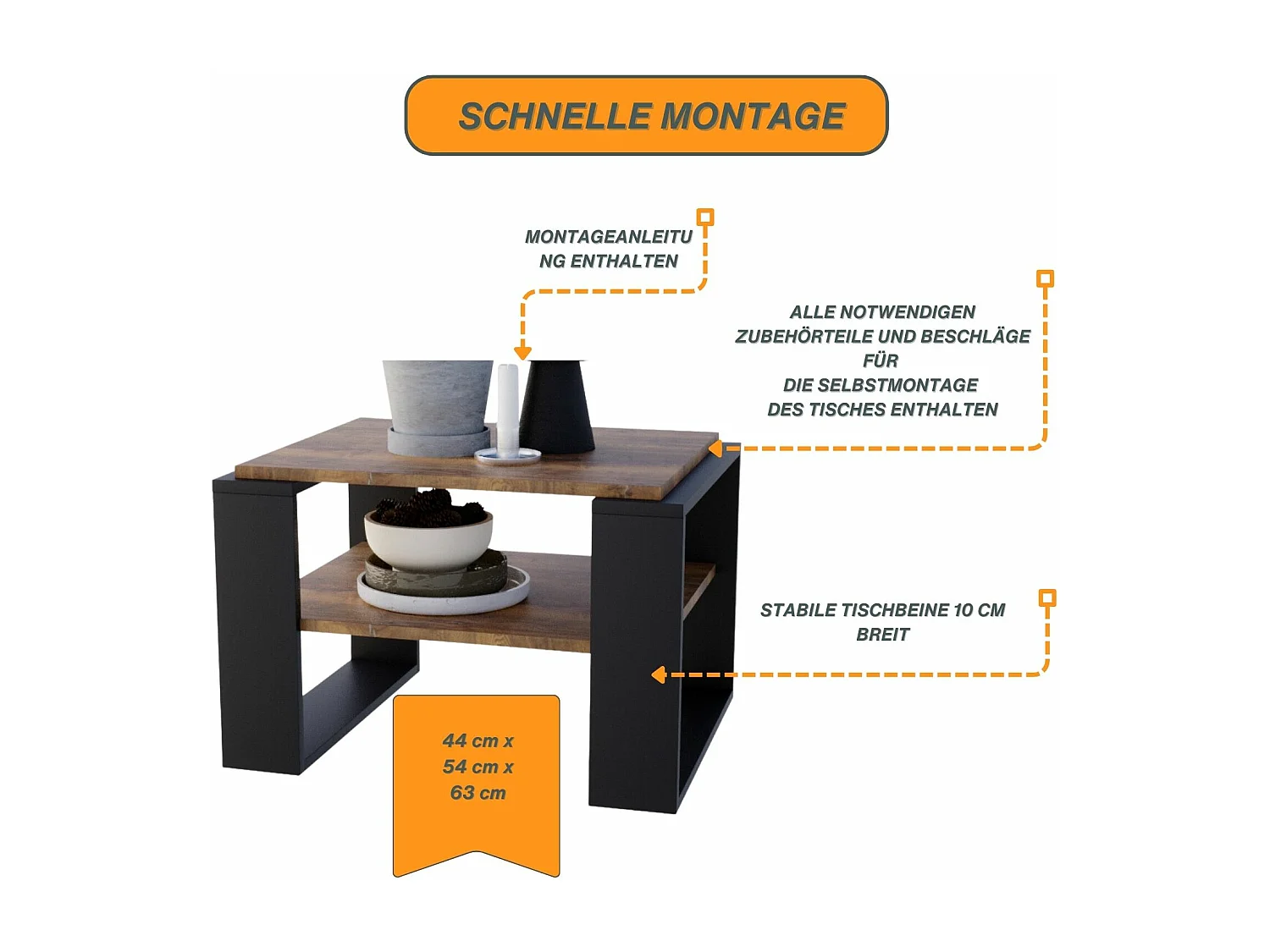 CraftPAK moderner & stabiler Couchtisch für Wohnzimmer aus Holzwerkstoff 44x54x63cm