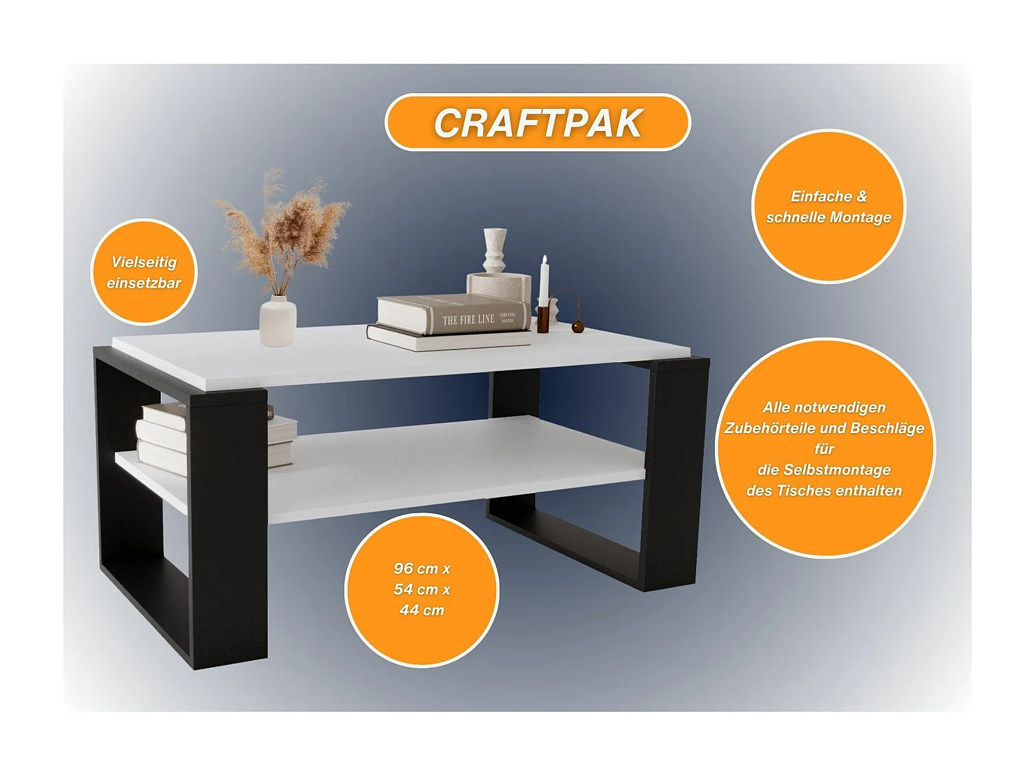 CraftPAK moderner & stabiler Couchtisch für Wohnzimmer aus Holzwerkstoff 42x54x96cm