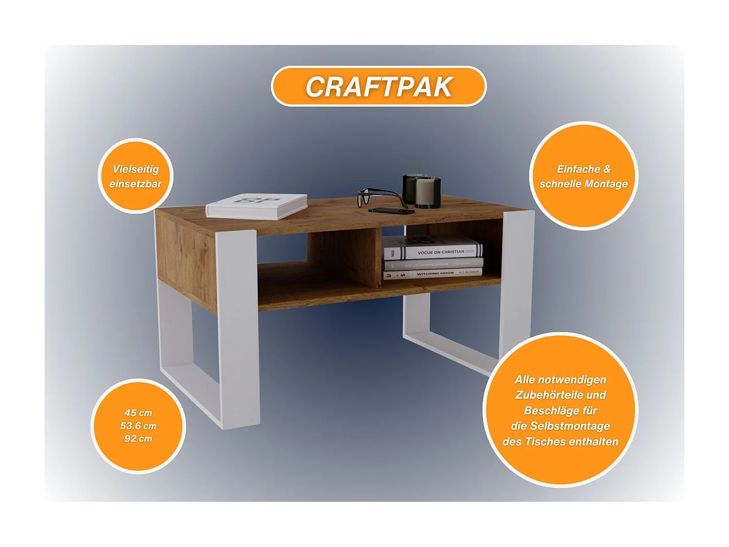 CraftPAK moderner & stabiler Couchtisch für Wohnzimmer aus Holzwerkstoff 45x53,6x92cm