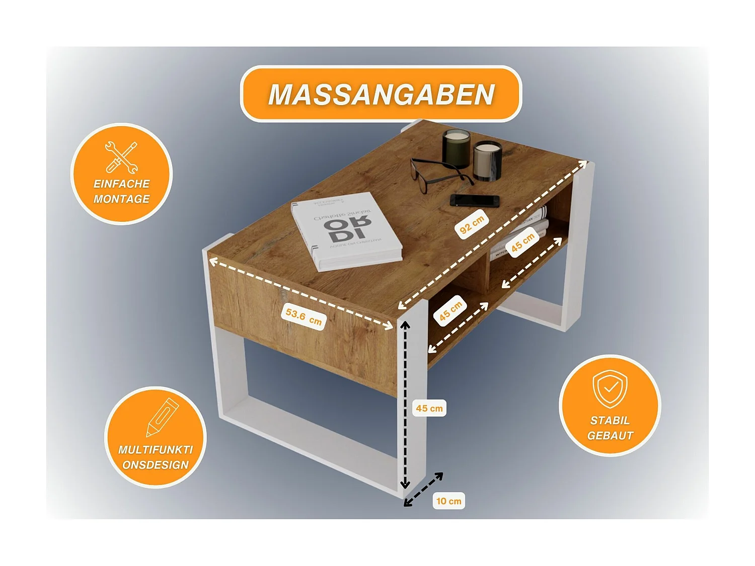 CraftPAK moderner & stabiler Couchtisch für Wohnzimmer aus Holzwerkstoff 45x53,6x92cm