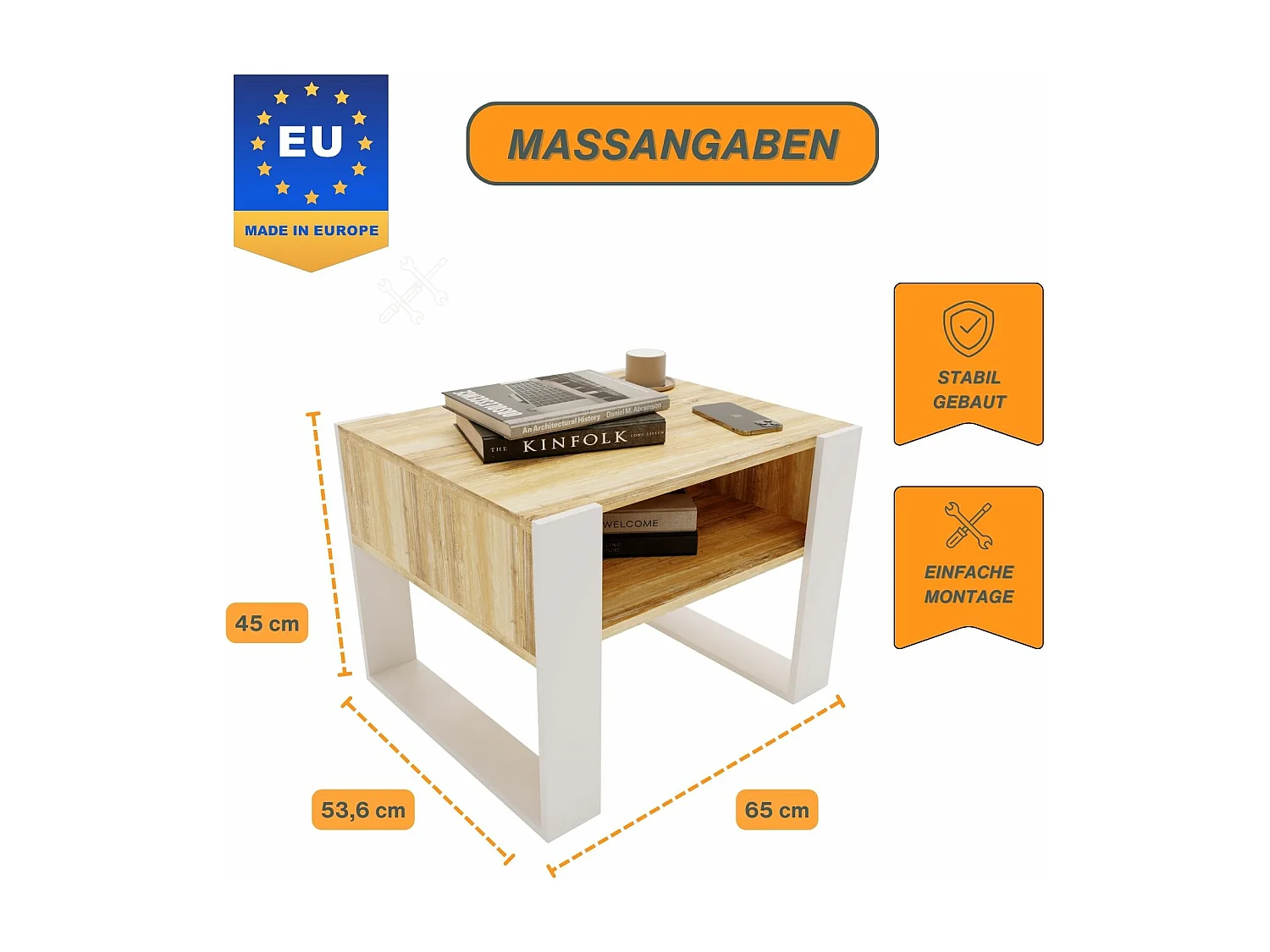 CraftPAK moderner & stabiler Couchtisch für Wohnzimmer aus Holzwerkstoff 45x53,6x65cm