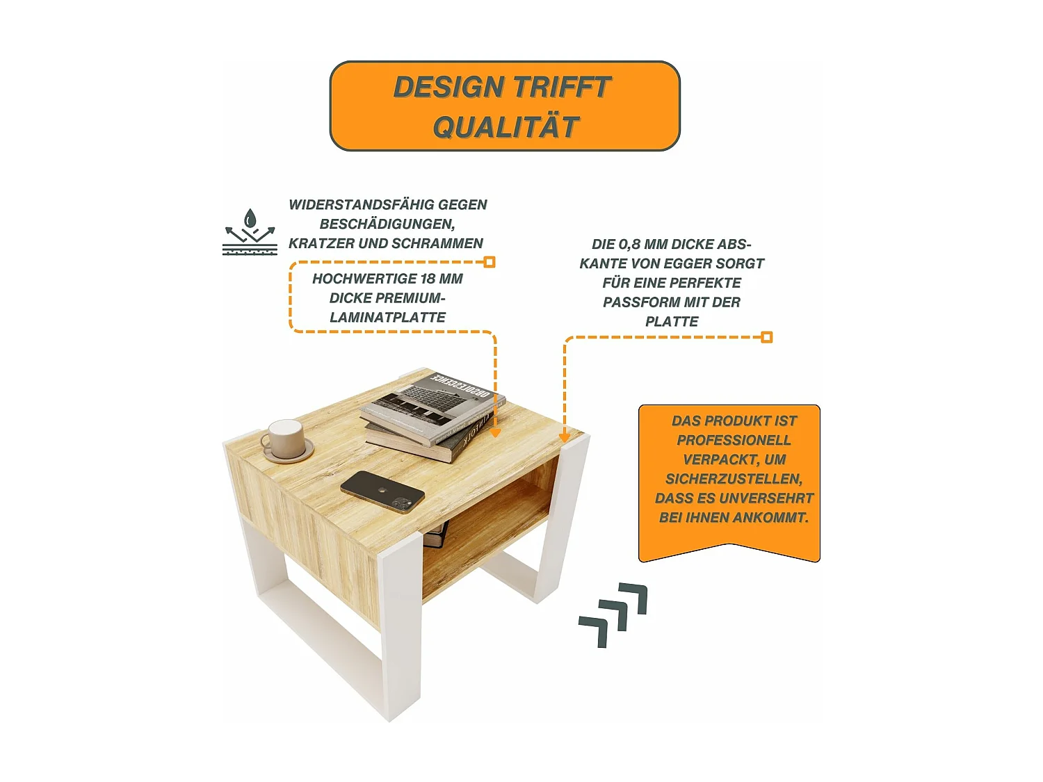 CraftPAK moderner & stabiler Couchtisch für Wohnzimmer aus Holzwerkstoff 45x53,6x65cm