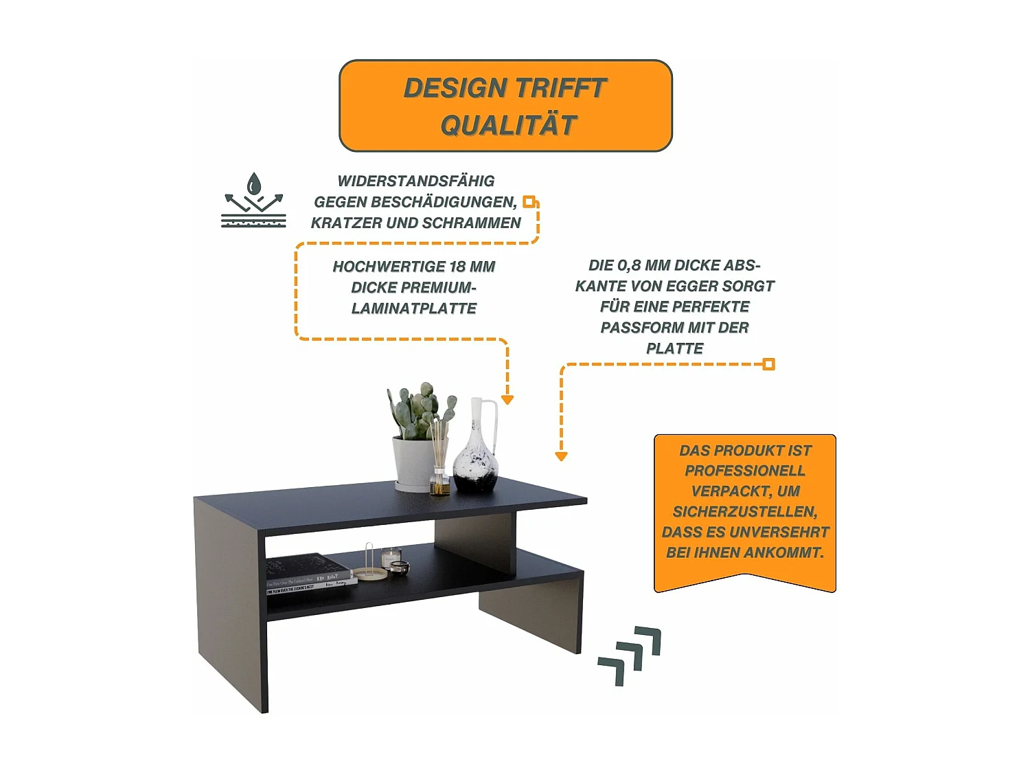 CraftPAK moderner & stabiler Couchtisch für Wohnzimmer aus Holzwerkstoff