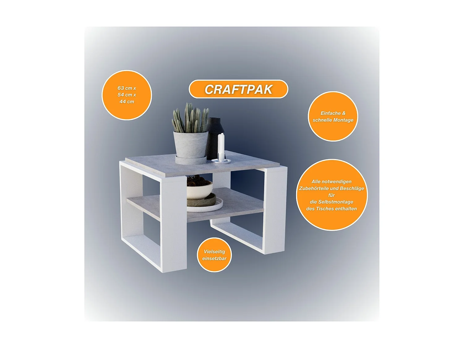 CraftPAK moderner & stabiler Couchtisch für Wohnzimmer aus Holzwerkstoff 44x54x63cm