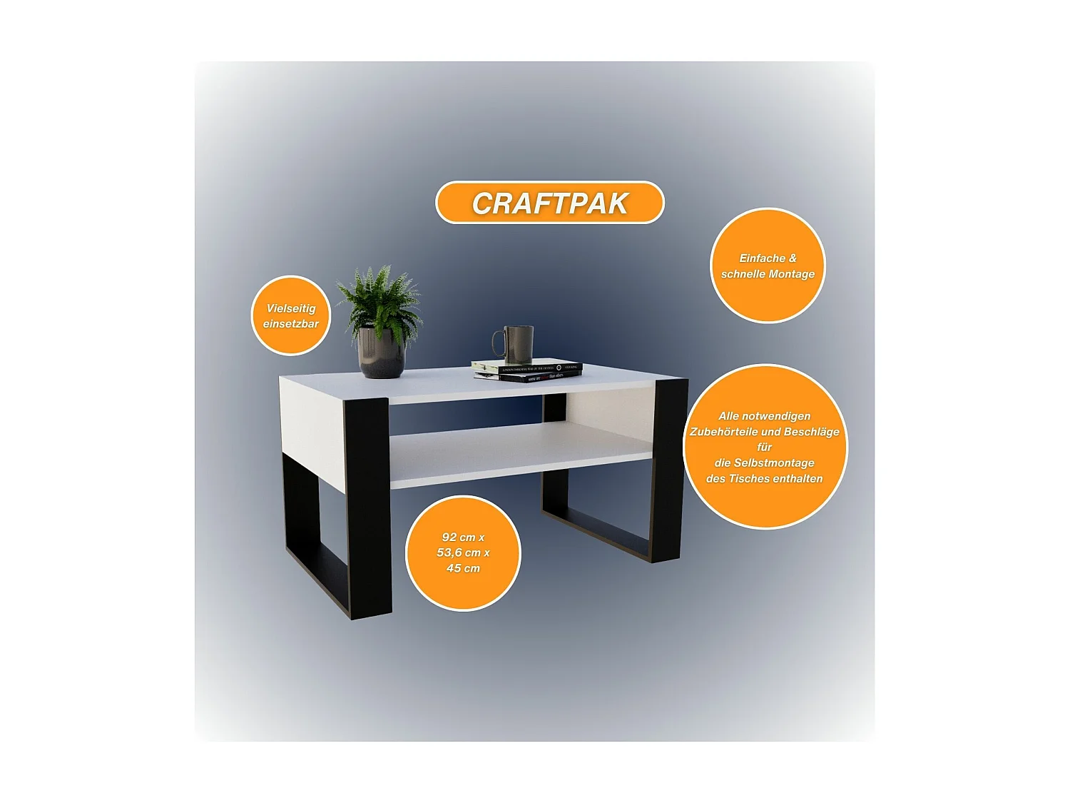 CraftPAK moderner & stabiler  Couchtisch für Wohnzimmer aus Holzwerkstoff 45x53,6x92cm