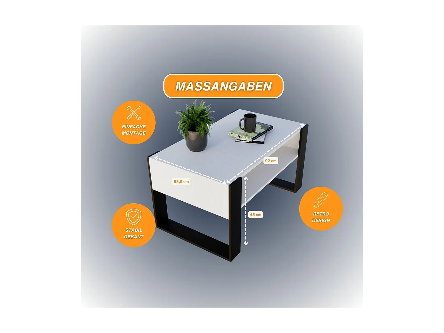 CraftPAK moderner & stabiler  Couchtisch für Wohnzimmer aus Holzwerkstoff 45x53,6x92cm