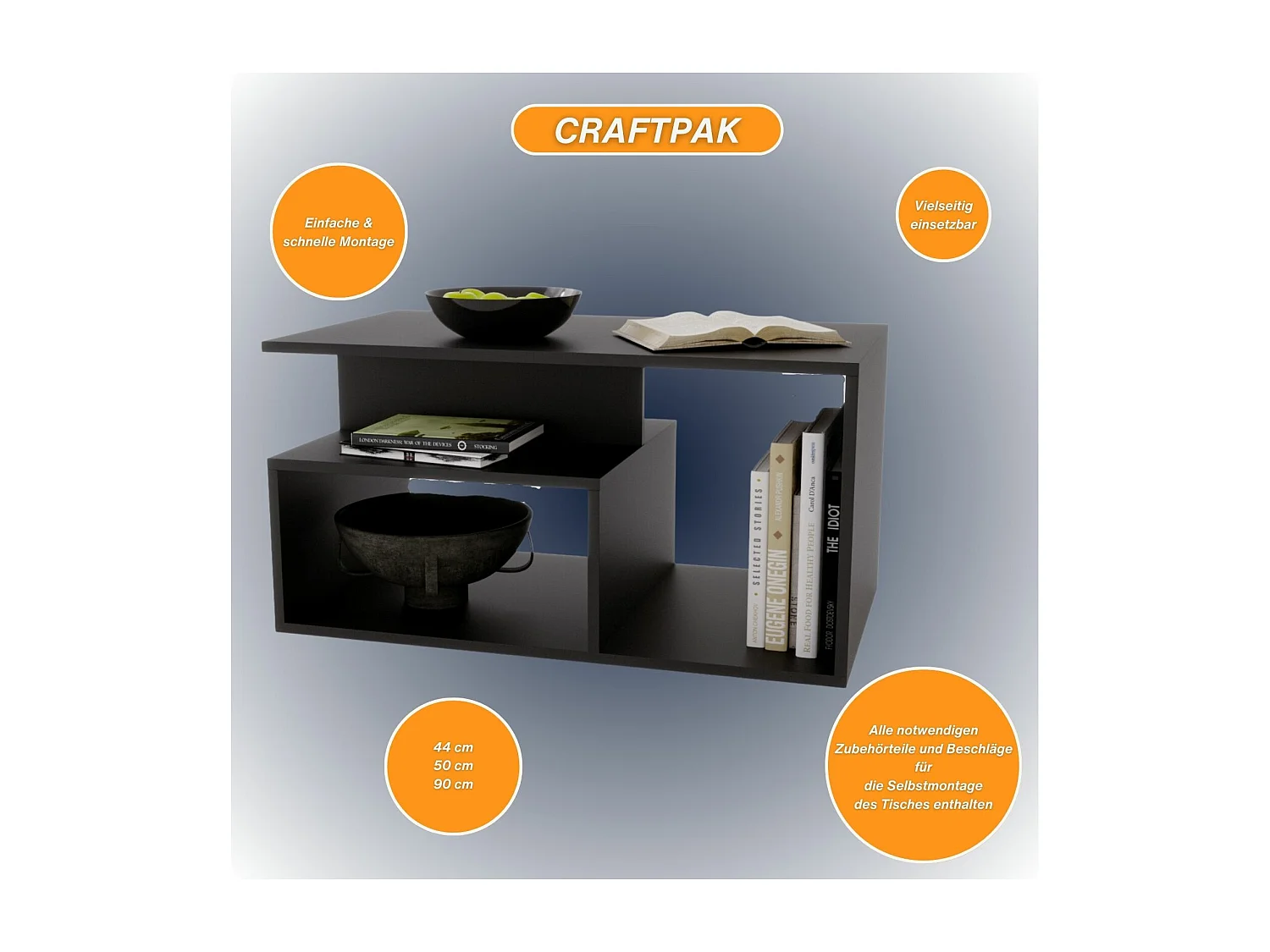 CraftPAK moderner & stabiler Couchtisch für Wohnzimmer aus Holzwerkstoff 44x50x90cm