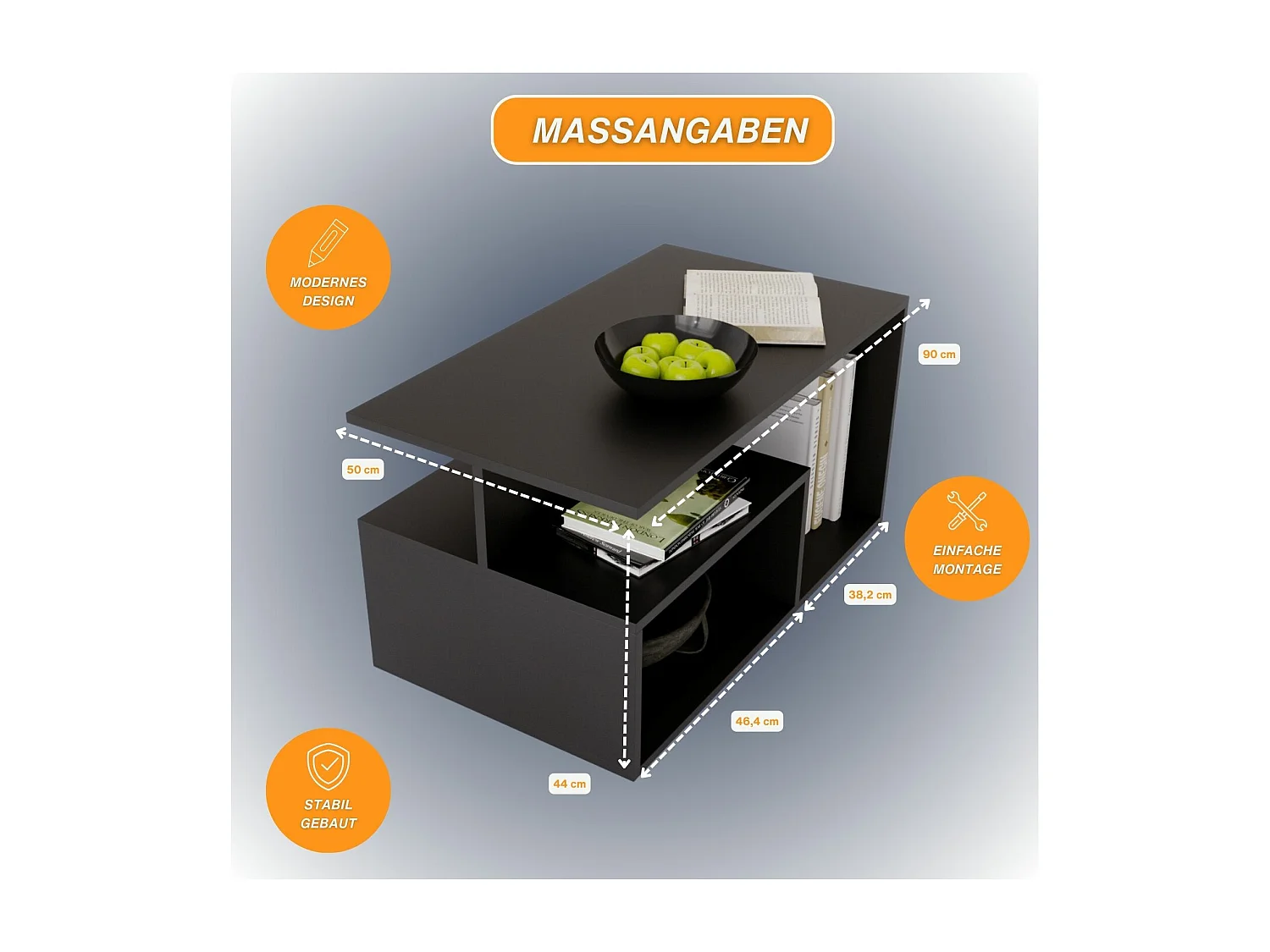 CraftPAK moderner & stabiler Couchtisch für Wohnzimmer aus Holzwerkstoff 44x50x90cm