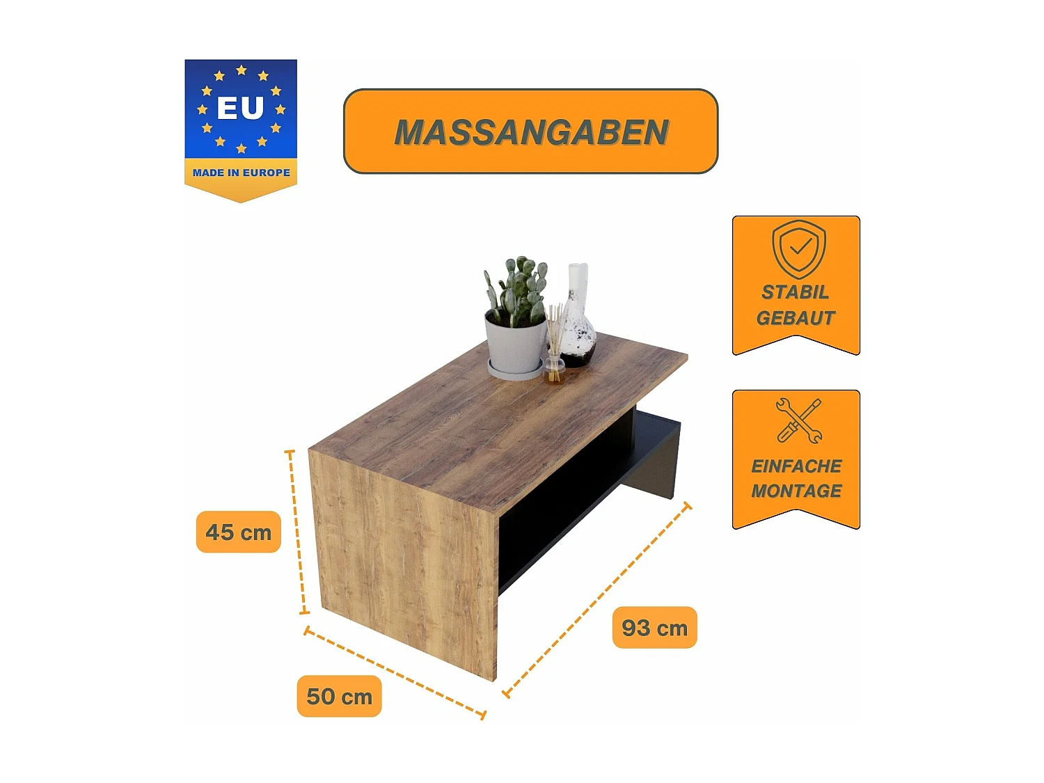 CraftPAK moderner & stabiler Couchtisch für Wohnzimmer aus Holzwerkstoff