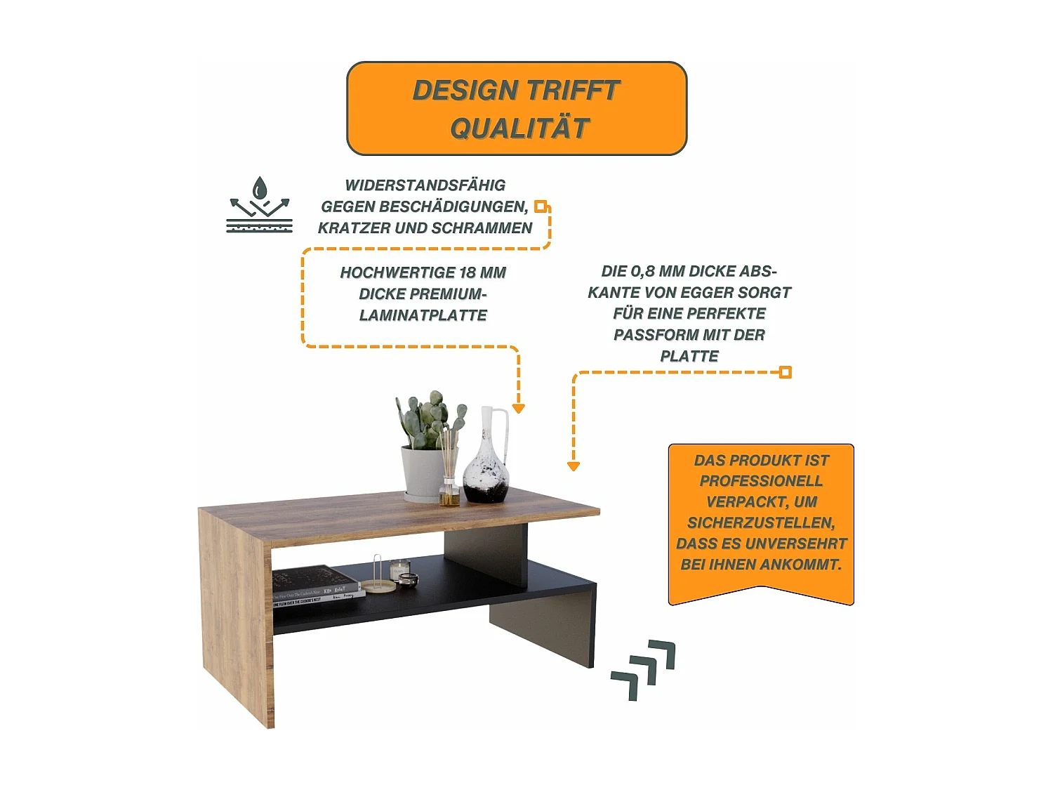 CraftPAK moderner & stabiler Couchtisch für Wohnzimmer aus Holzwerkstoff