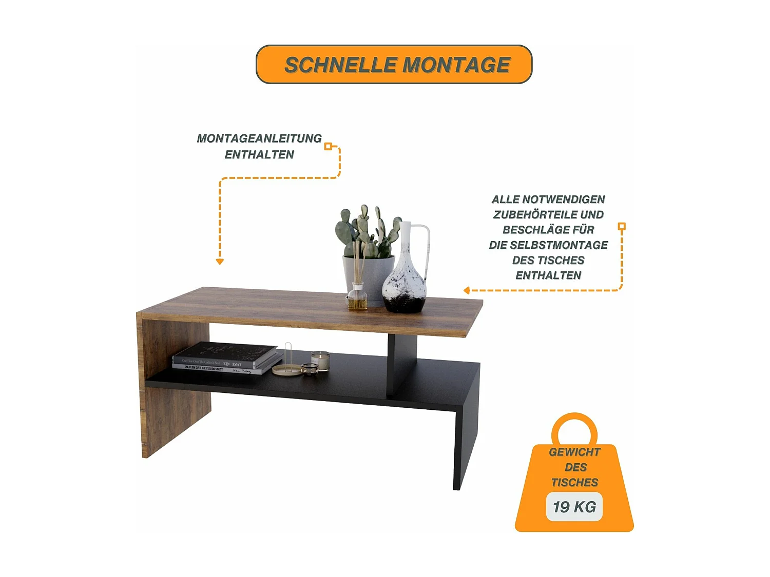 CraftPAK moderner & stabiler Couchtisch für Wohnzimmer aus Holzwerkstoff