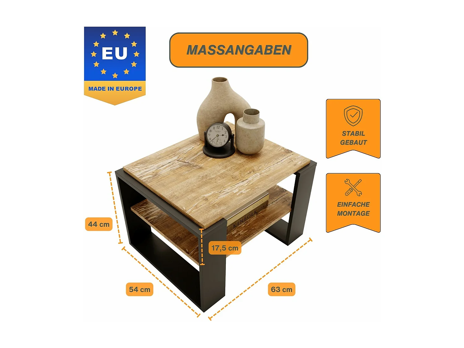 CraftPAK moderner & stabiler Couchtisch für Wohnzimmer aus Holzwerkstoff 44x54x63cm