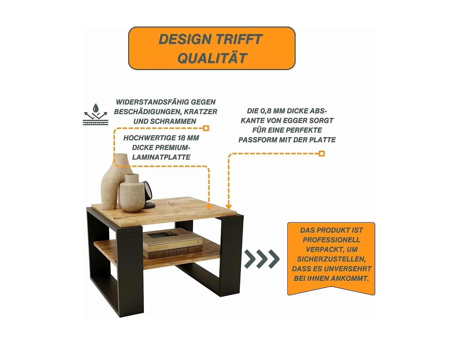 CraftPAK moderner & stabiler Couchtisch für Wohnzimmer aus Holzwerkstoff 44x54x63cm