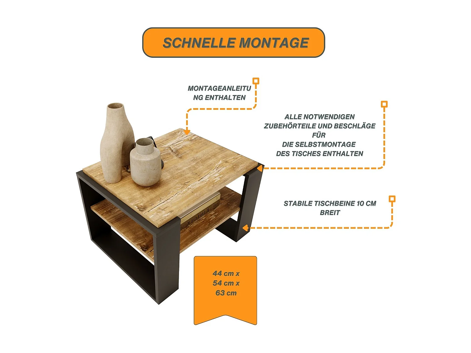 CraftPAK moderner & stabiler Couchtisch für Wohnzimmer aus Holzwerkstoff 44x54x63cm