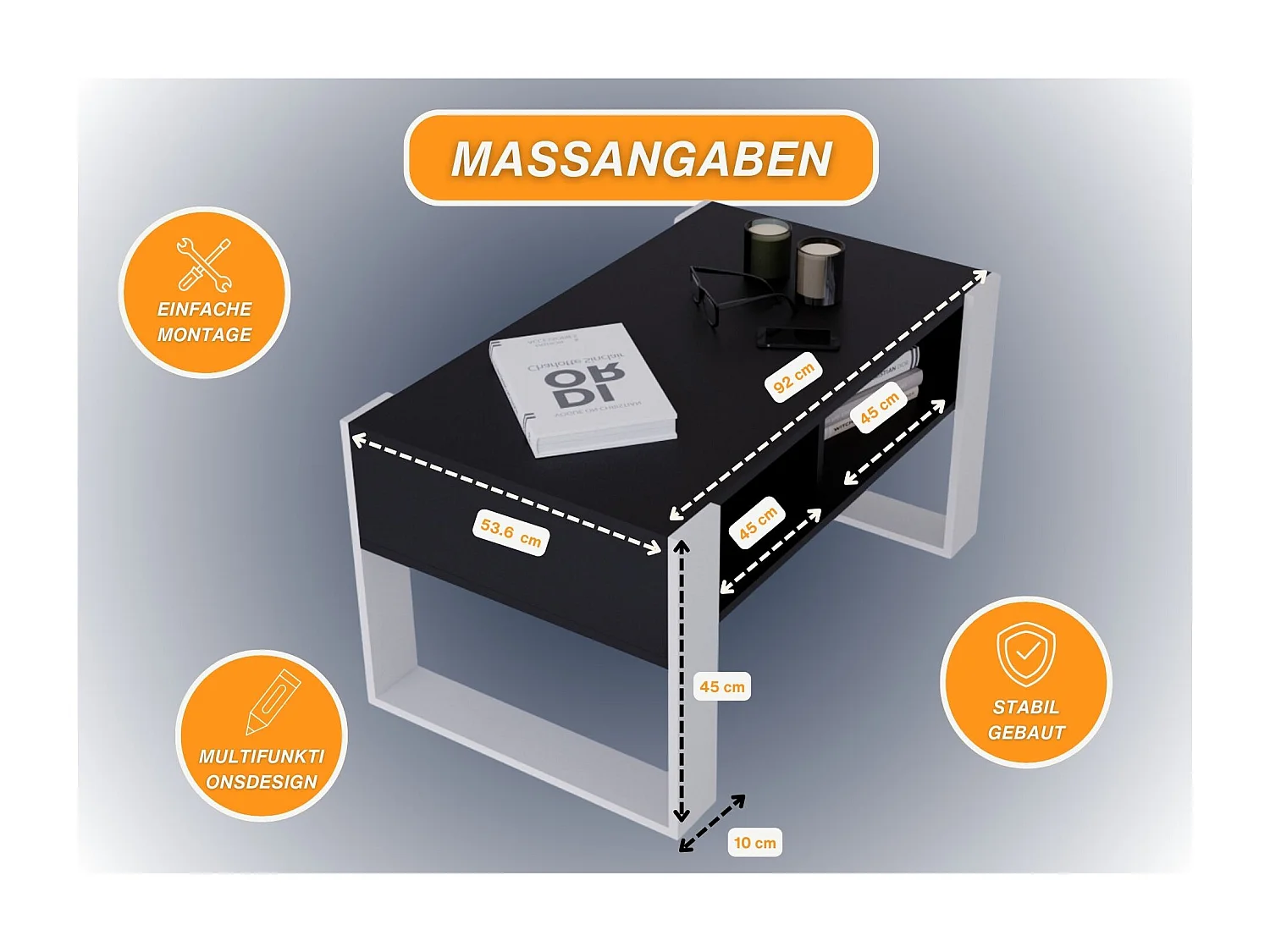 CraftPAK moderner & stabiler Couchtisch für Wohnzimmer aus Holzwerkstoff 45x53,6x92cm