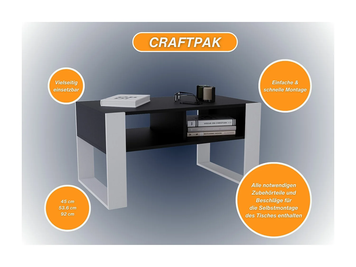 CraftPAK moderner & stabiler Couchtisch für Wohnzimmer aus Holzwerkstoff 45x53,6x92cm