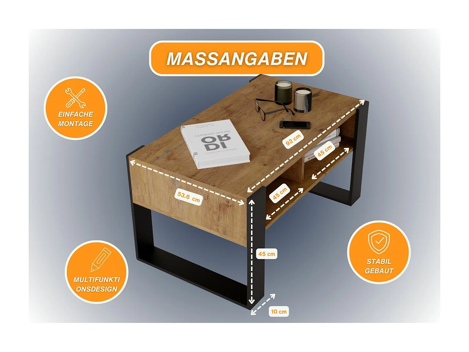 CraftPAK moderner & stabiler Couchtisch für Wohnzimmer aus Holzwerkstoff 45x53,6x92cm