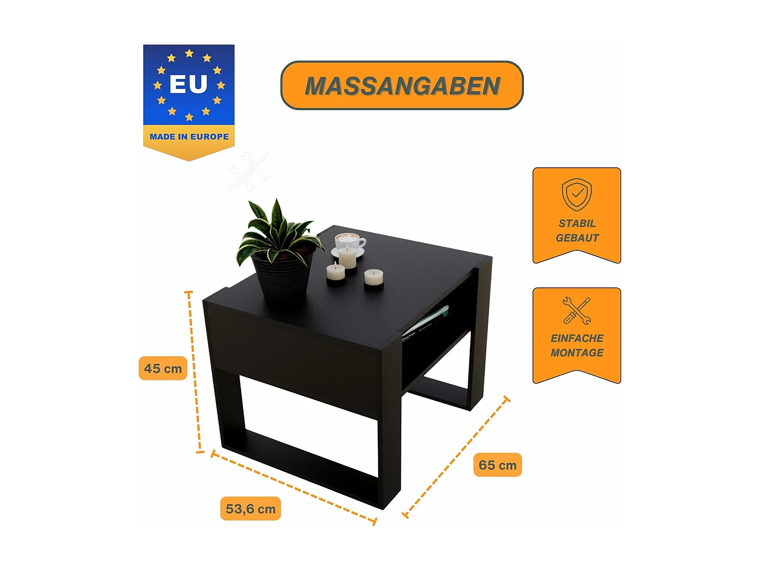 CraftPAK moderner & stabiler Couchtisch für Wohnzimmer aus Holzwerkstoff 45x53,6x65cm