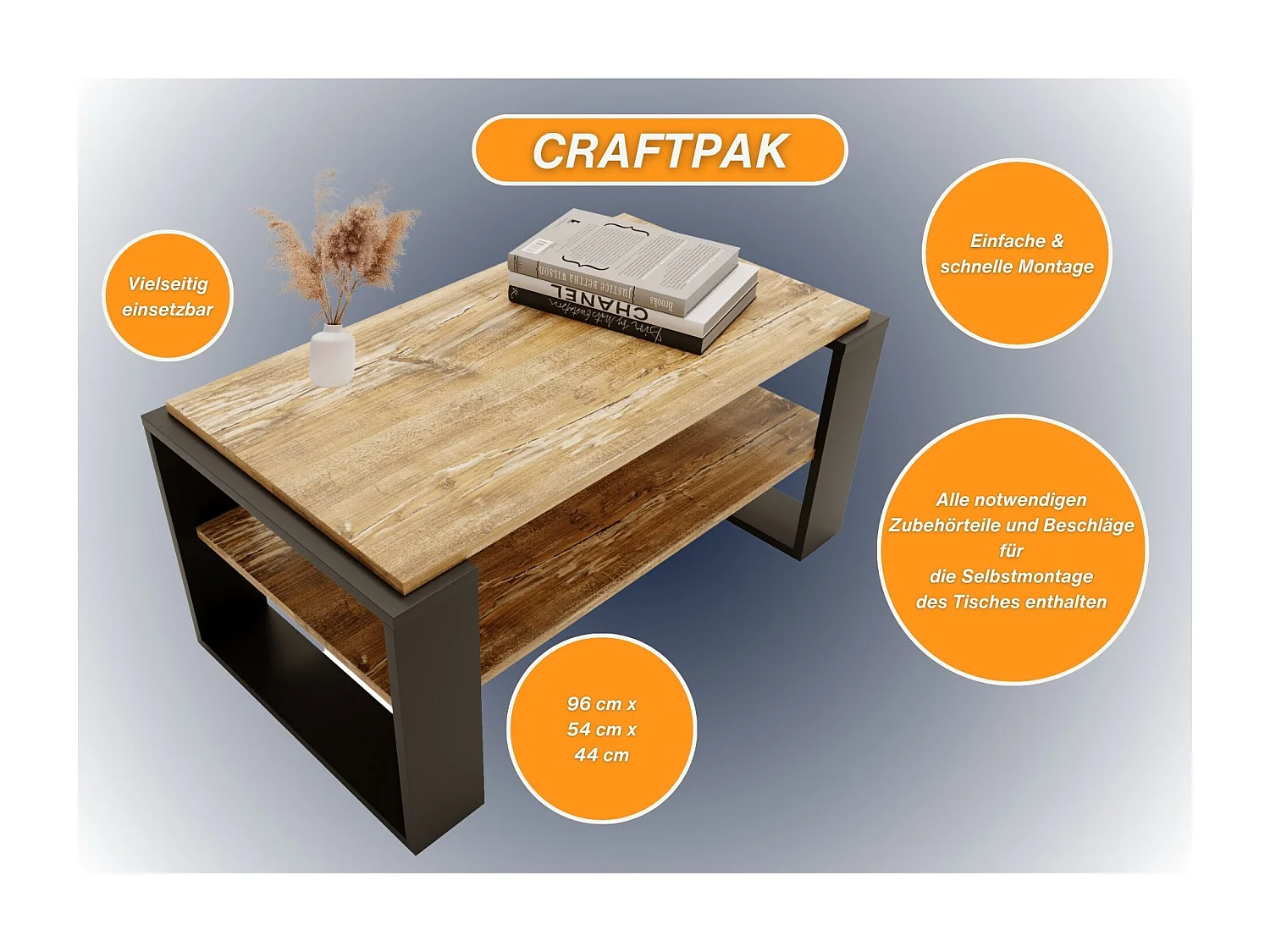 CraftPAK moderner & stabiler Couchtisch für Wohnzimmer aus Holzwerkstoff 42x54x96cm