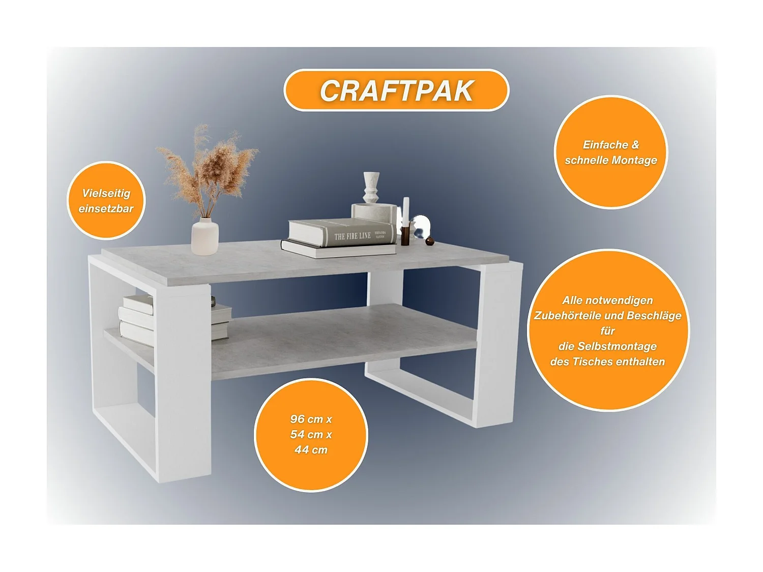 CraftPAK moderner & stabiler Couchtisch für Wohnzimmer aus Holzwerkstoff 42x54x96cm