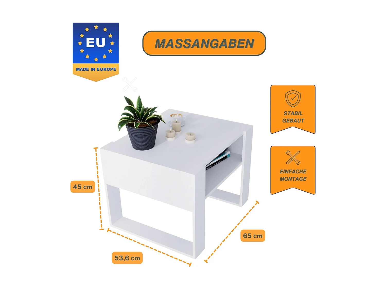 CraftPAK moderner & stabiler Couchtisch für Wohnzimmer aus Holzwerkstoff 45x53,6x65cm