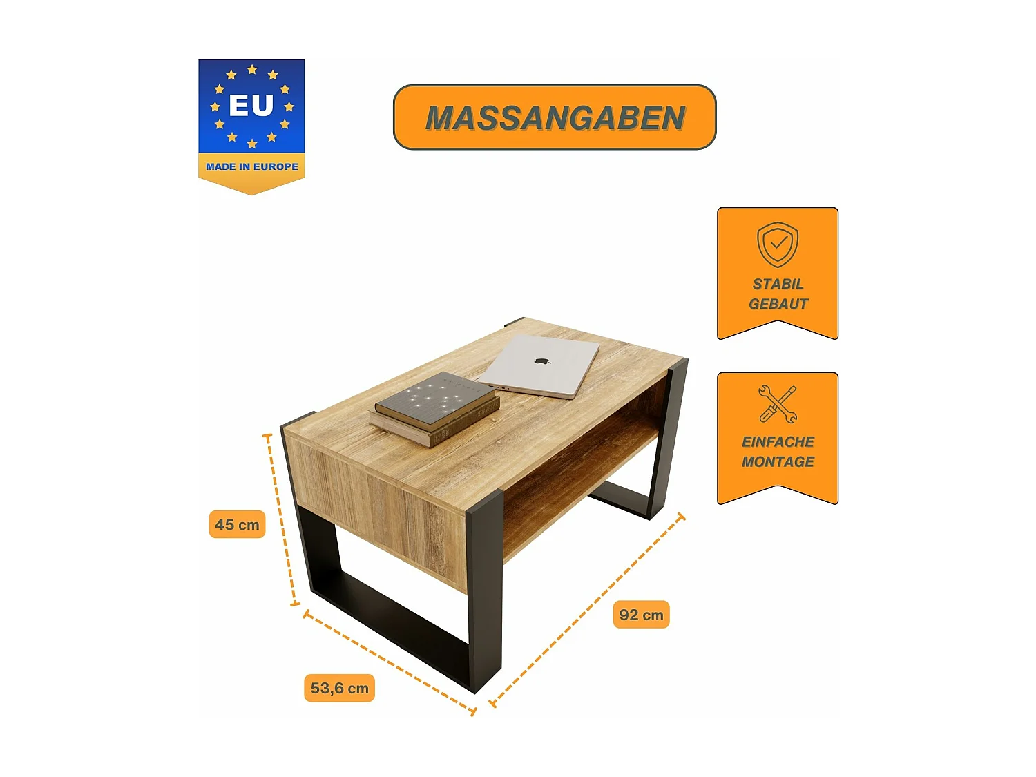 CraftPAK moderner & stabiler  Couchtisch für Wohnzimmer aus Holzwerkstoff 45x53,6x92cm