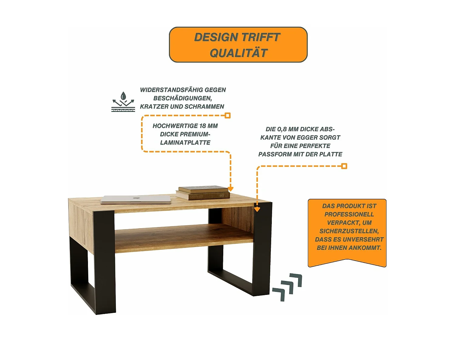 CraftPAK moderner & stabiler  Couchtisch für Wohnzimmer aus Holzwerkstoff 45x53,6x92cm