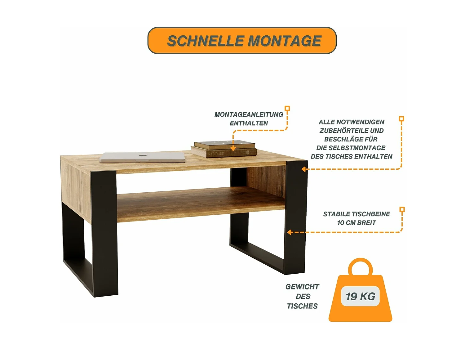 CraftPAK moderner & stabiler  Couchtisch für Wohnzimmer aus Holzwerkstoff 45x53,6x92cm