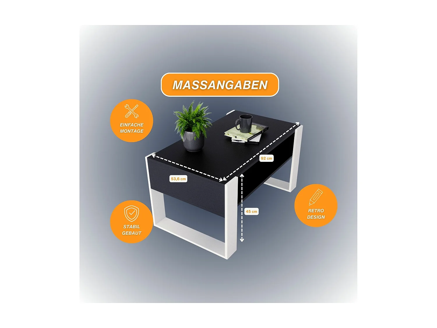 CraftPAK moderner & stabiler  Couchtisch für Wohnzimmer aus Holzwerkstoff 45x53,6x92cm