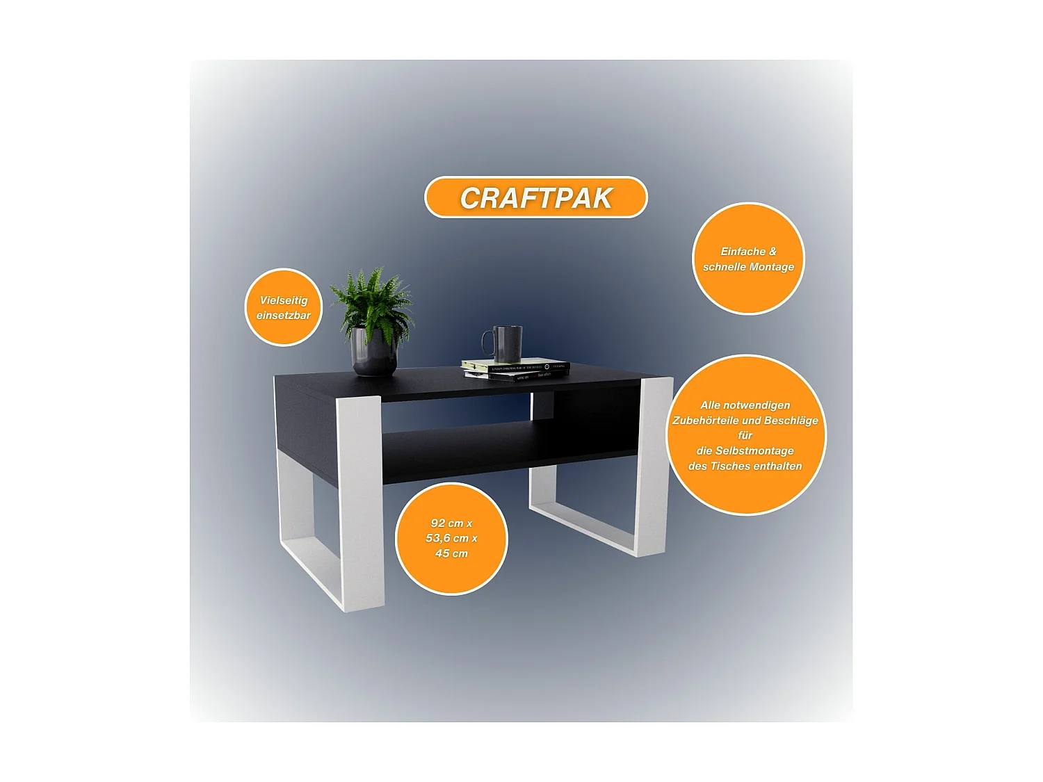 CraftPAK moderner & stabiler  Couchtisch für Wohnzimmer aus Holzwerkstoff 45x53,6x92cm