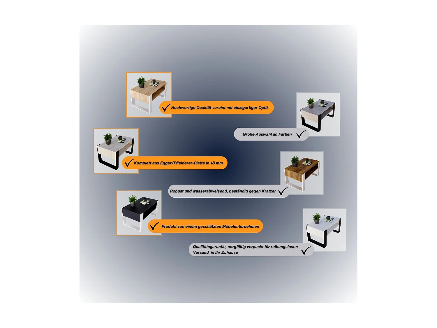 CraftPAK moderner & stabiler  Couchtisch für Wohnzimmer aus Holzwerkstoff 45x53,6x92cm