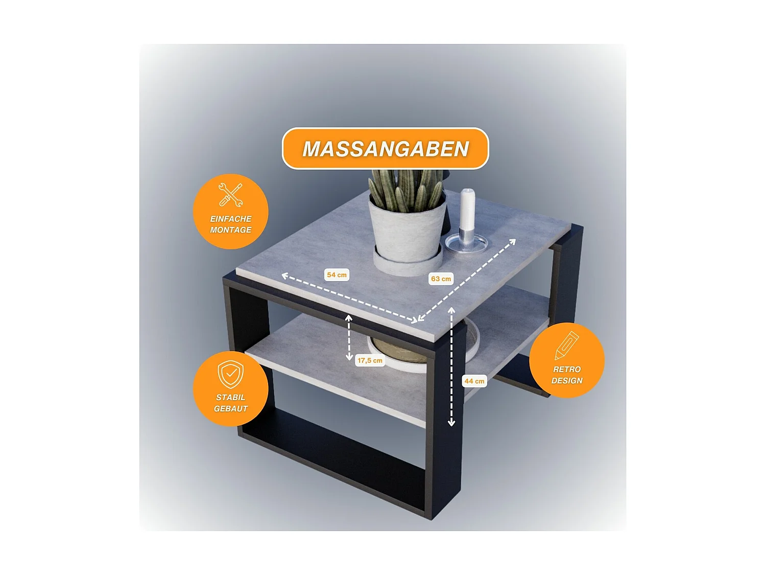 CraftPAK moderner & stabiler Couchtisch für Wohnzimmer aus Holzwerkstoff 44x54x63cm