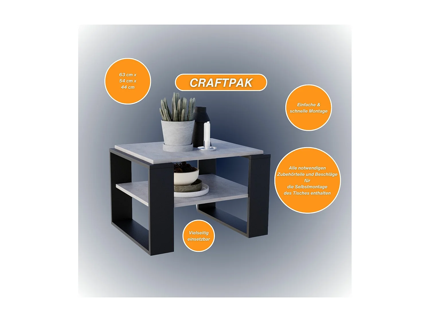 CraftPAK moderner & stabiler Couchtisch für Wohnzimmer aus Holzwerkstoff 44x54x63cm