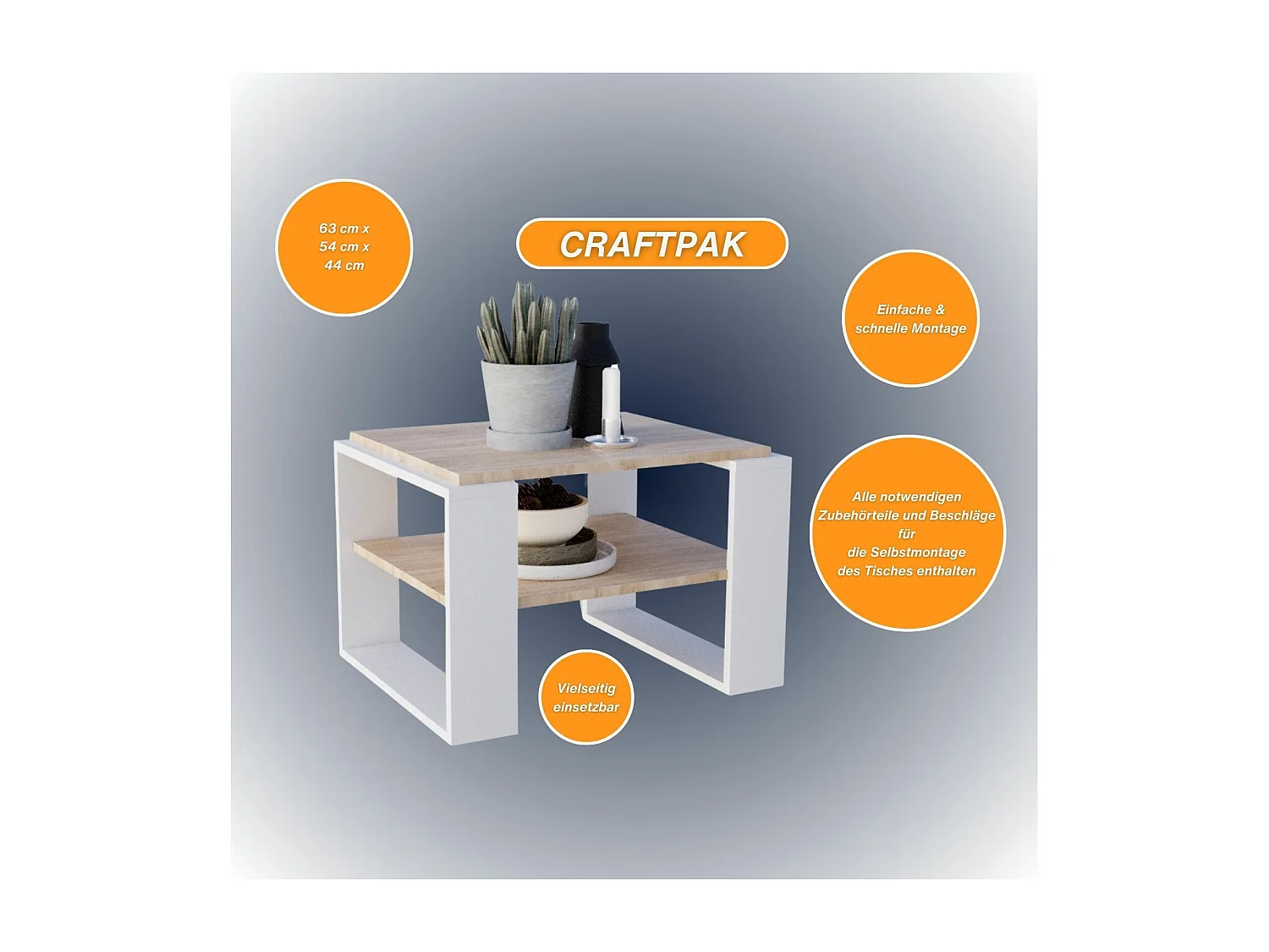 CraftPAK moderner & stabiler Couchtisch für Wohnzimmer aus Holzwerkstoff 44x54x63cm