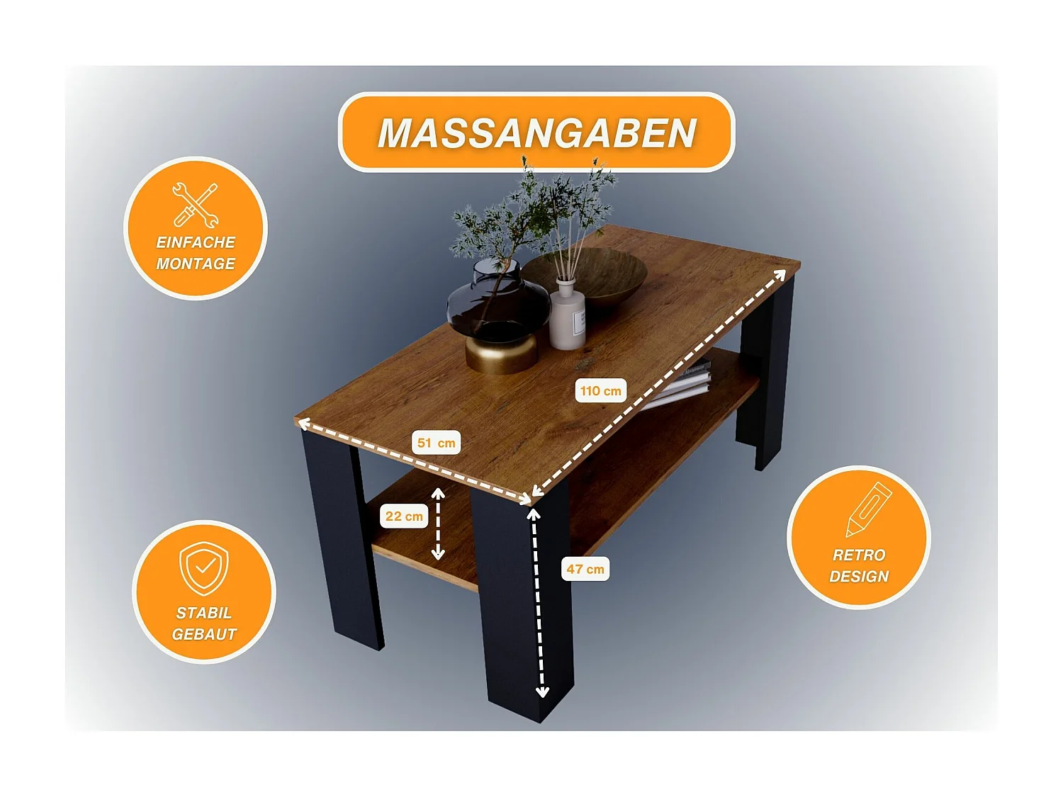 CraftPAK moderner & stabiler Couchtisch für Wohnzimmer aus Holzwerkstoff 47x51x110cm